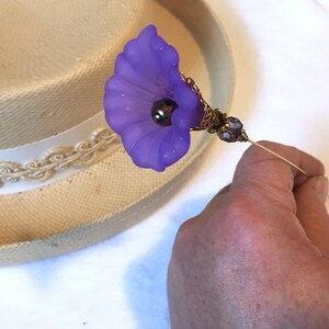 Purple MORNING GLORY HATPIN with Crystal on Gold Finish Setting - 8 inch Long Hatpin image 3