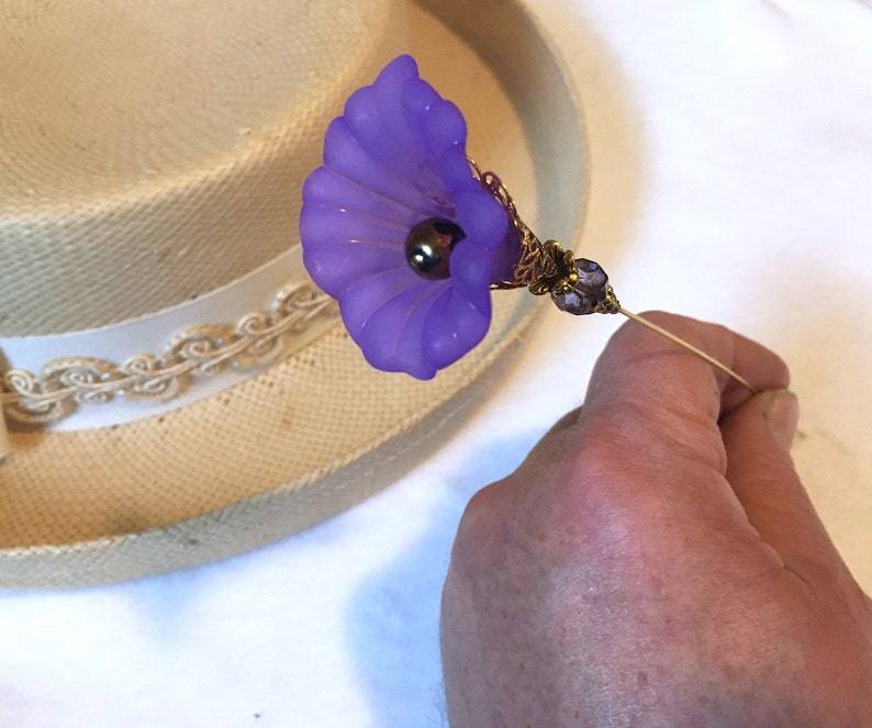 Purple MORNING GLORY HATPIN with Crystal on Gold Finish Setting - 8 inch Long Hatpin image 3