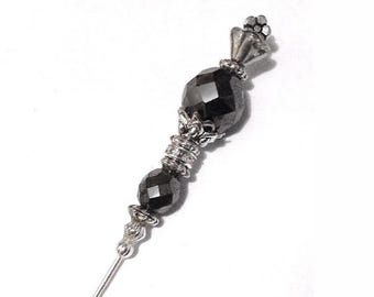 SILVER HATPIN with Dark Faceted CRYSTALS & Rhinestones on Silver Finish Setting - 8 inch