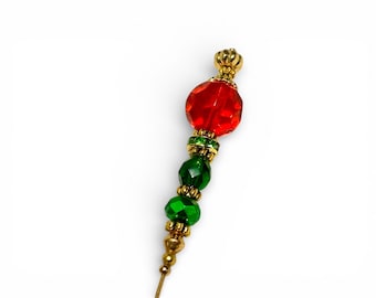 Vintage Christmas Hatpin: Red & Green Crystal Gold Finish
