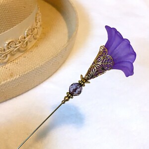 Purple MORNING GLORY HATPIN with Crystal on Gold Finish Setting - 8 inch Long Hatpin image 4