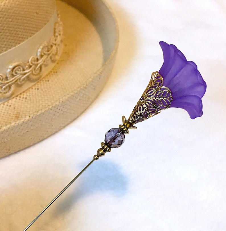 Purple MORNING GLORY HATPIN with Crystal on Gold Finish Setting - 8 inch Long Hatpin image 4