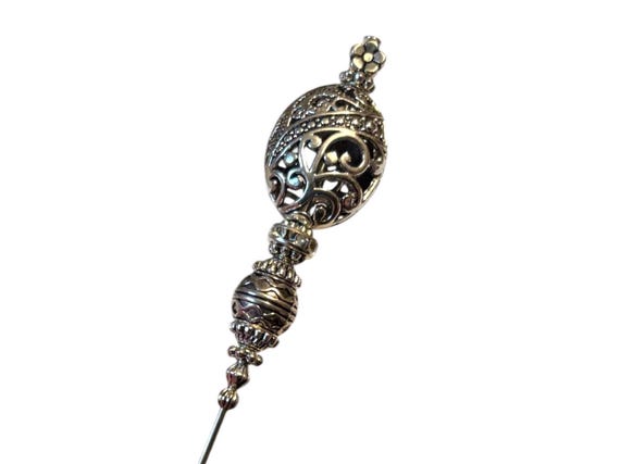 HATPIN with Rare TIBETAN PEWTER Design - Silver Finish Setting - 6" Hat pin