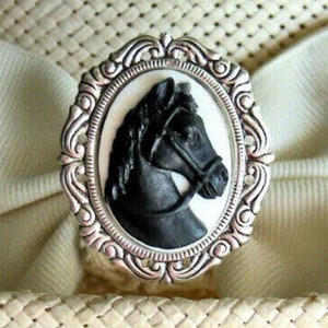 HATPIN with BLACK HORSE on White Cameo -in Silver Finish  Setting - 8 inch