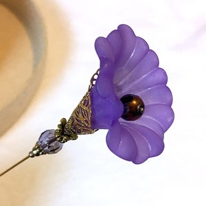 Purple MORNING GLORY HATPIN with Crystal on Gold Finish Setting - 8 inch Long Hatpin image 1