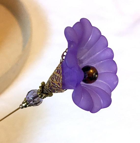 Purple MORNING GLORY HATPIN with Crystal on Gold Finish Setting - 8 inch Long Hatpin