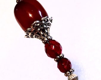 HATPIN with Dark Red TIBETAN AMBER and Old Silver Finish Setting - 8”