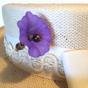 Purple MORNING GLORY HATPIN with Crystal on Gold Finish Setting - 8 inch Long Hatpin image 7