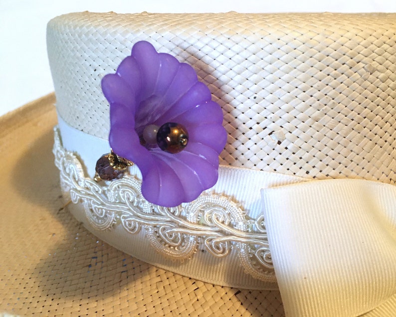 Purple MORNING GLORY HATPIN with Crystal on Gold Finish Setting - 8 inch Long Hatpin image 7