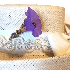 Purple MORNING GLORY HATPIN with Crystal on Gold Finish Setting - 8 inch Long Hatpin image 6
