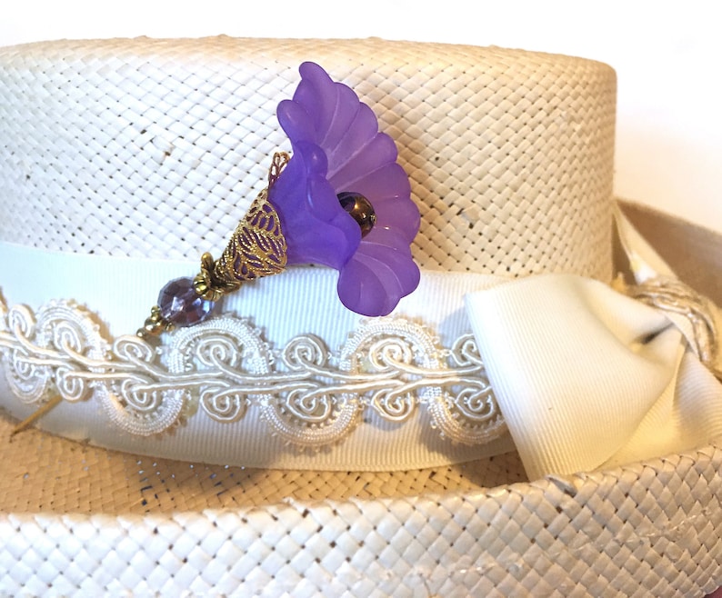 Purple MORNING GLORY HATPIN with Crystal on Gold Finish Setting - 8 inch Long Hatpin image 6