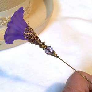 Purple MORNING GLORY HATPIN with Crystal on Gold Finish Setting - 8 inch Long Hatpin image 5
