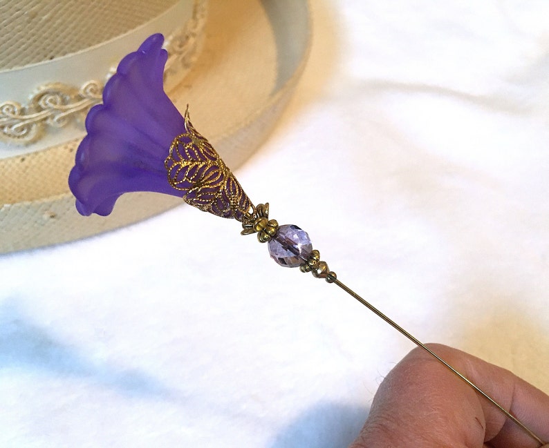 Purple MORNING GLORY HATPIN with Crystal on Gold Finish Setting - 8 inch Long Hatpin image 5