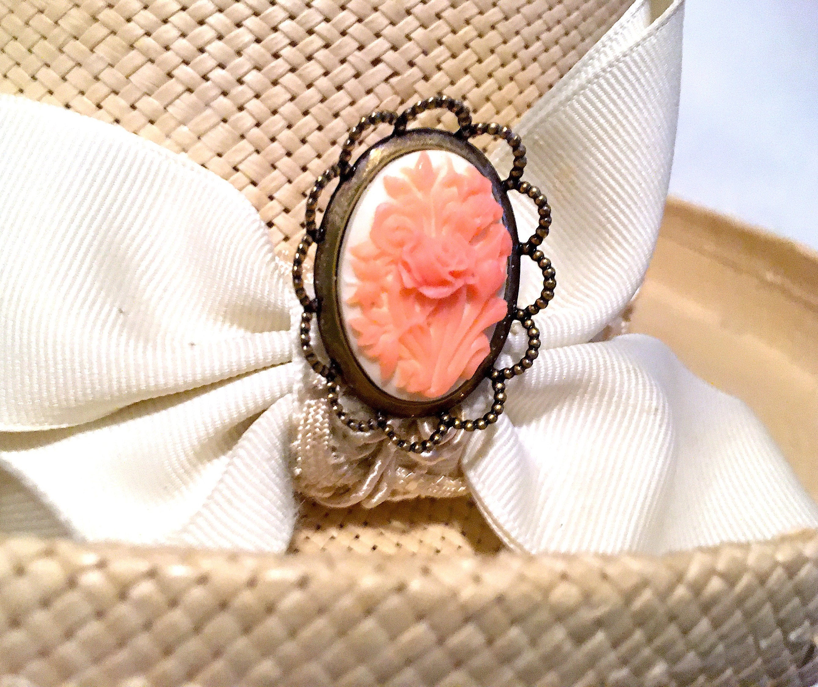 Victorian Style Peach Flower Cameo Hatpin - Vintage Brass 
