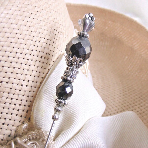 HATPIN with Dark SILVER Faceted CRYSTALS & Rhinestones on Silver Finish Setting - 8"