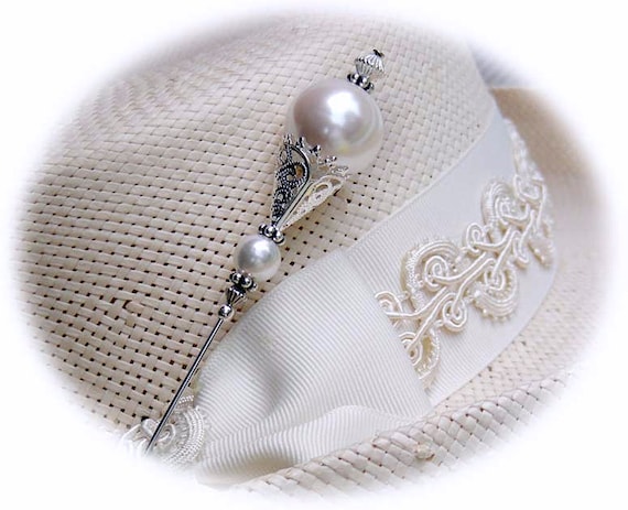 HATPIN With 2 FAUX PEARLS on Old Silver Finish Setting - 8 