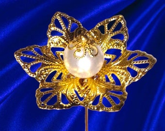 HATPIN With Splendid CLASSY FILIGREE Flower with Faux Pearl - Gold Finish - 8" Long