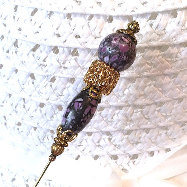 HATPIN with Stunning PURPLE STONES and Vintage M.Haskell Gold Plate Filigree - 8"