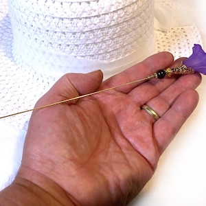 Purple MORNING GLORY HATPIN with Crystal on Gold Finish Setting - 8 inch Long Hatpin image 9