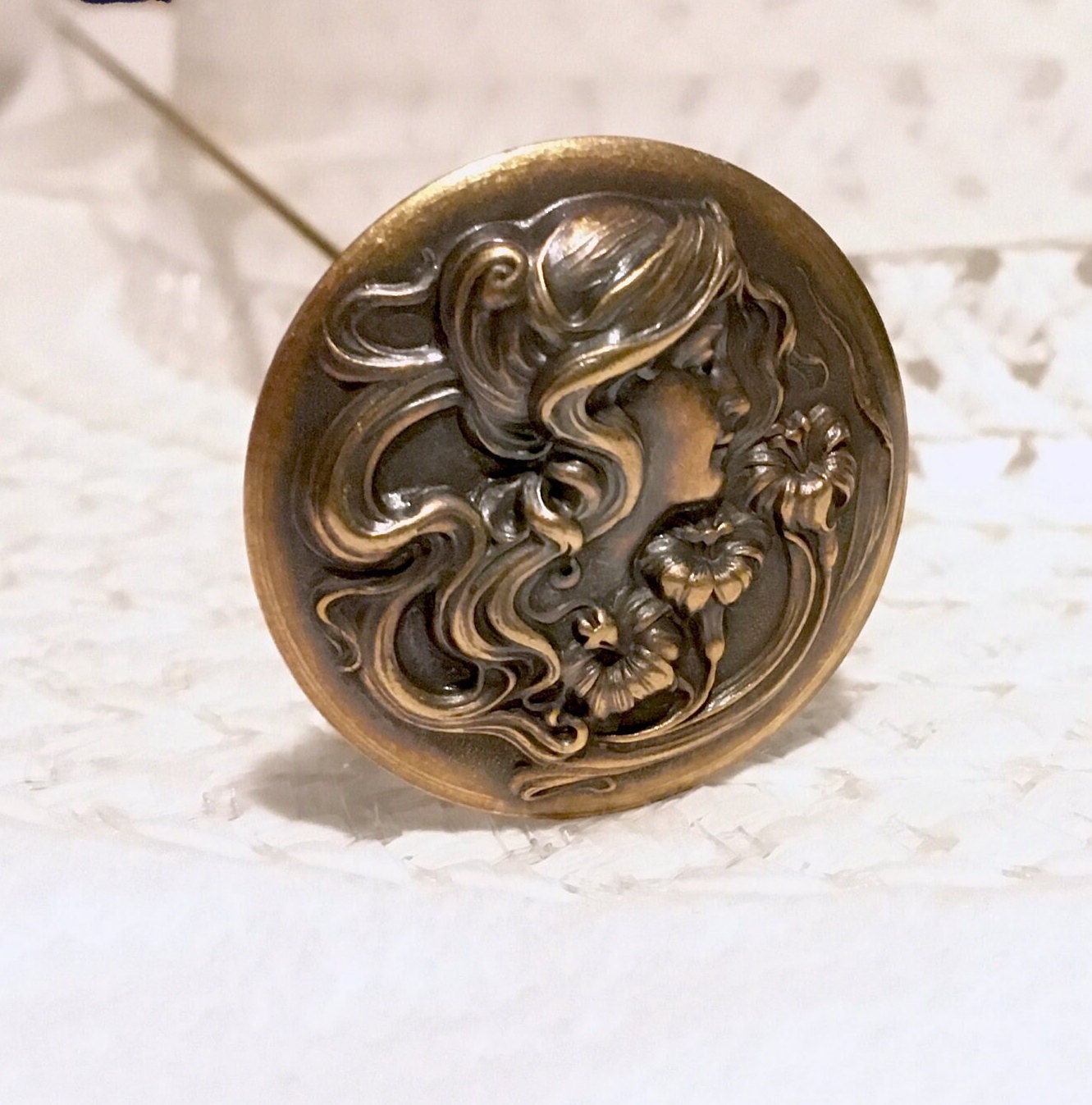 HATPIN With OLD Brass VICTORIAN Woman With Flowers - Art  display picture 1
