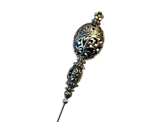 HATPIN with Rare TIBETAN PEWTER Design - Silver Finish Setting - 8 in Hat pin