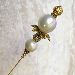 Sexy HATPIN with 2 FAUX PEARLS and Rhinestones set in Gold Finish Setting