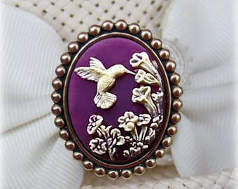 HATPIN With HUMMINGBIRD on Purple CAMEO on Antique Brass Finish Setting - 8 inch
