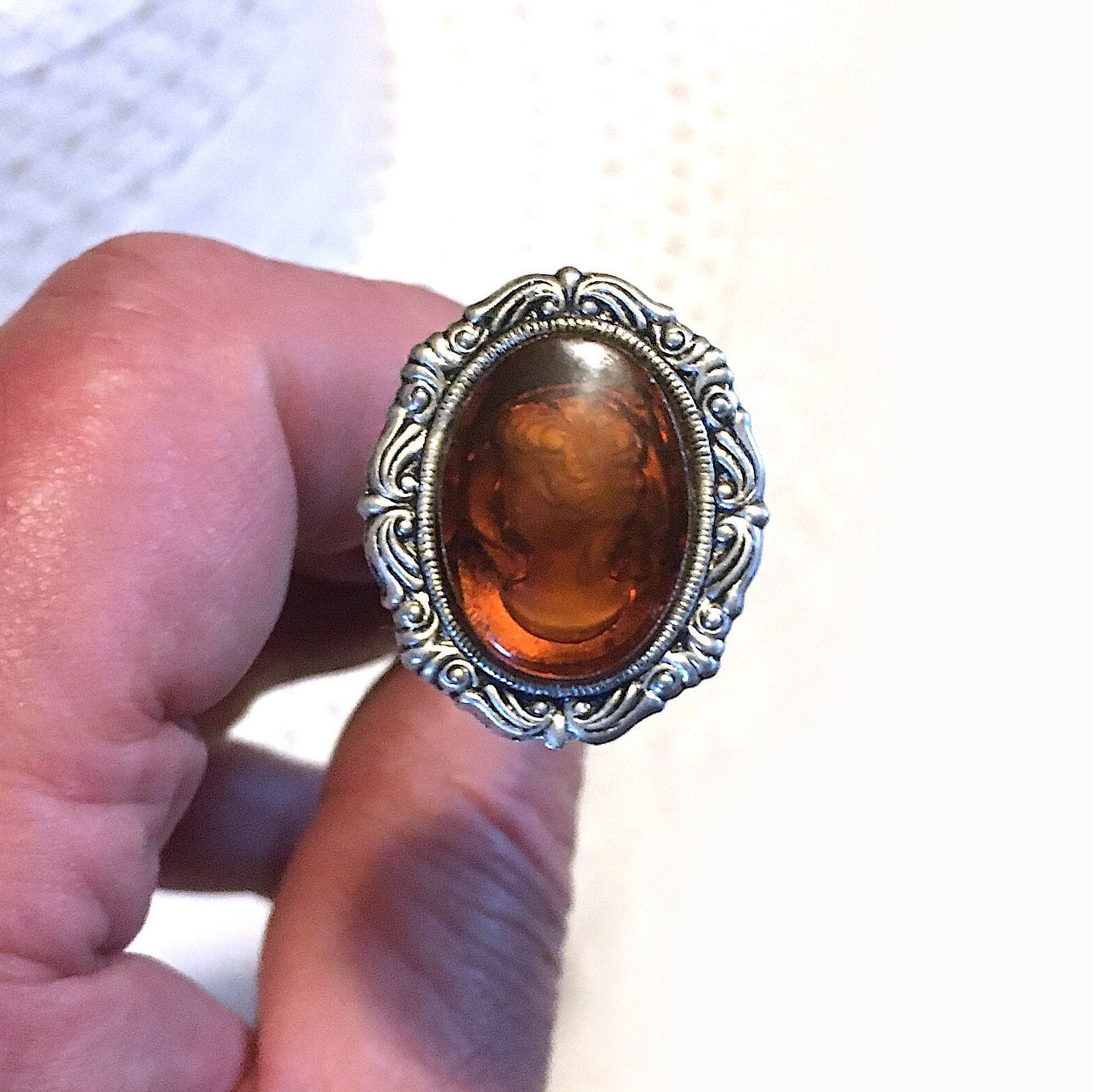 HATPIN with Rare Vintage German Glass BROWN INTAGLIO Cameo of a Lady on Silver Finish Setting.