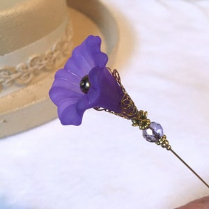 Purple MORNING GLORY HATPIN with Crystal on Gold Finish Setting - 8 inch Long Hatpin image 2