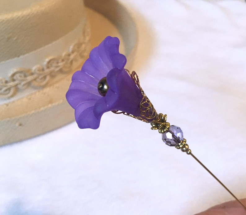 Purple MORNING GLORY HATPIN with Crystal on Gold Finish Setting - 8 inch Long Hatpin image 2