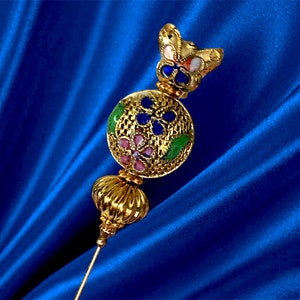 HATPIN with Vintage GOLD CLOISONNE - with Flowers & Butterfly in Gold Finish Setting - 8 inch