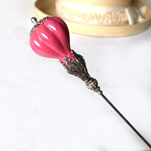 10 inch Bright FUCHSIA Hatpin PEARL BALLOON in Gothic Silver Setting 10"