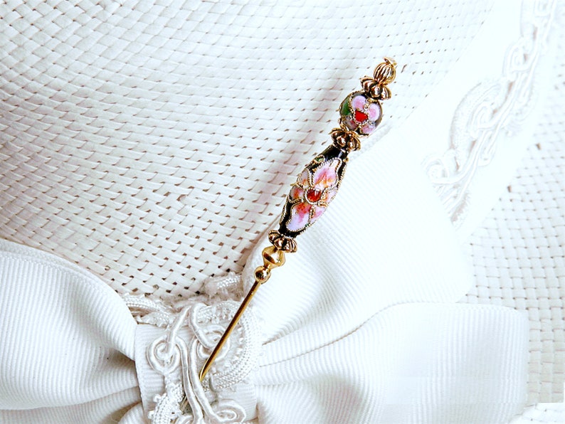 HATPIN with Slim BLACK CLOISONNE with Pink Flowers in Gold Finish Setting 8 inch image 2