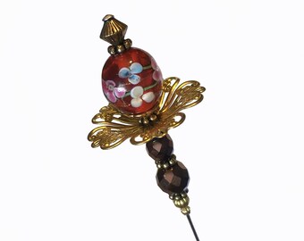 8” Burgundy Murano Glass Flower Hatpin: Gold Filigree, Handmade in USA