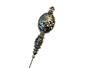 HATPIN with Rare TIBETAN PEWTER Design - Silver Finish Setting - 8 in Hat pin
