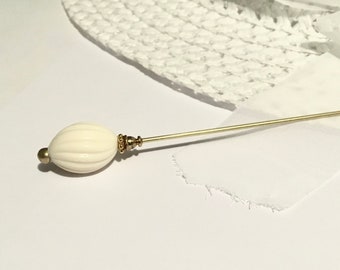 Long Simple HATPIN with VANILLA Fashion Bead with Twist on Gold Finish Setting - 9.5 inch hat pin