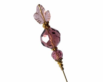 HATPIN with Light MAUVE LEAF and Crystals on 8" Brass Finish Setting