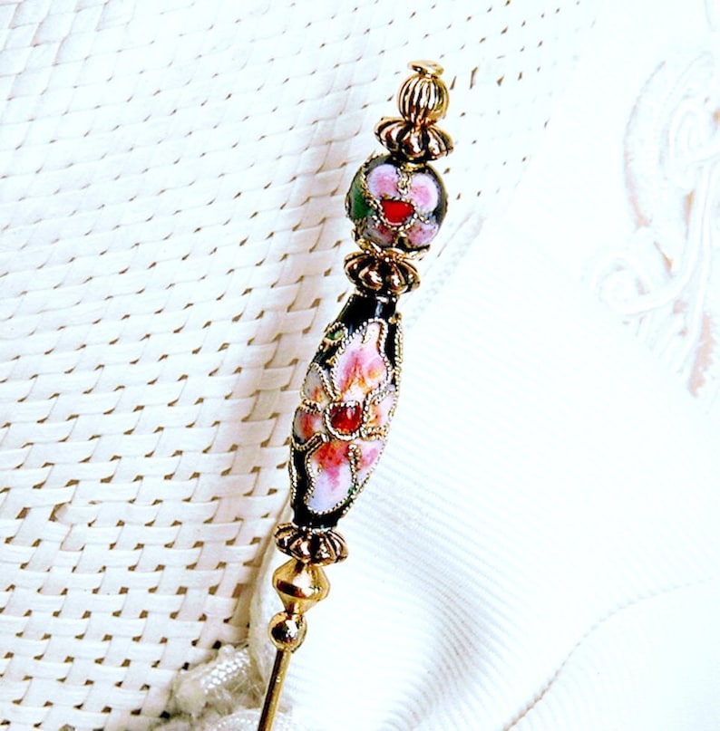 HATPIN with Slim BLACK CLOISONNE with Pink Flowers in Gold Finish Setting 8 inch image 1