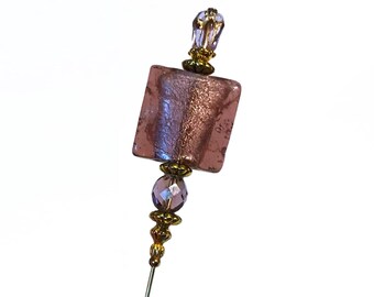 PURPLE MAUVE Glass 6 Inch Hatpin: Victorian Style, Old Brass Finish