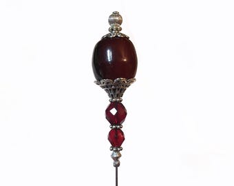 HATPIN with Dark Red TIBETAN AMBER and Old Silver Finish Setting - 8”