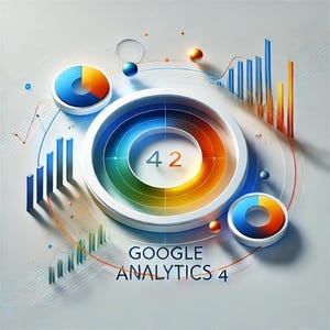 Pode incluir: Um gráfico abstrato colorido com um círculo branco que contém o número "42" e o texto "GOOGLE ANALYTICS 4". O gráfico inclui um gráfico de pizza, gráficos de barras e outras formas geométricas.