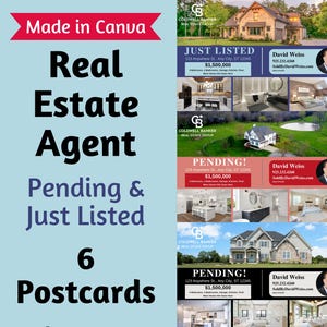 6 Cartões postais multicoloridos de imóveis pendentes e recém-listados 4x6 | Modelos editáveis de imóveis | Modelo Canva | Download digital