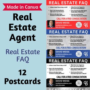 12 Multicolor Real Estate FAQ Cartões postais imobiliários 4x6 | Modelos editáveis imobiliários | Modelo Canva | Download digital