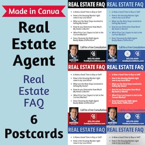 6 preguntas frecuentes sobre bienes raíces multicolores Postales inmobiliarias 4x6 / Plantillas editables sobre bienes raíces / Plantilla Canva / Descarga digital