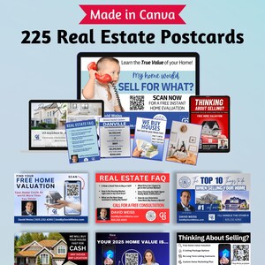 225 MegaPack de marketing de cartões postais imobiliários | Cartões postais imobiliários 4x6 | Modelos editáveis imobiliários | Modelo Canva | Download digital
