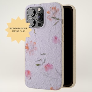 Custodia per telefono in carta con fiori secchi - Rosa e arancione, fiori pressati ecologici, cover per telefono con fiori di campo secchi biodegradabili