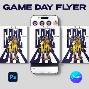 May include: A digital design for a game day flyer, featuring a smartphone displaying a sports-themed graphic. The flyer showcases a team of athletes in yellow and blue uniforms. The words "GAME DAY FLYER" are at the top.