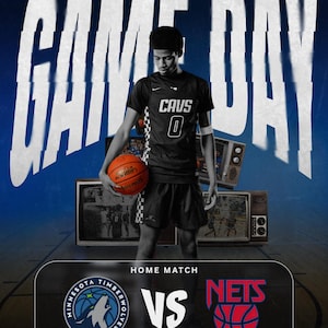 May include: A basketball game day promotional image. A person in a black jersey with the word "CAVS" and the number "0" holds a basketball. The image includes the text "GAME DAY" and logos for the Minnesota Timberwolves and the Nets.