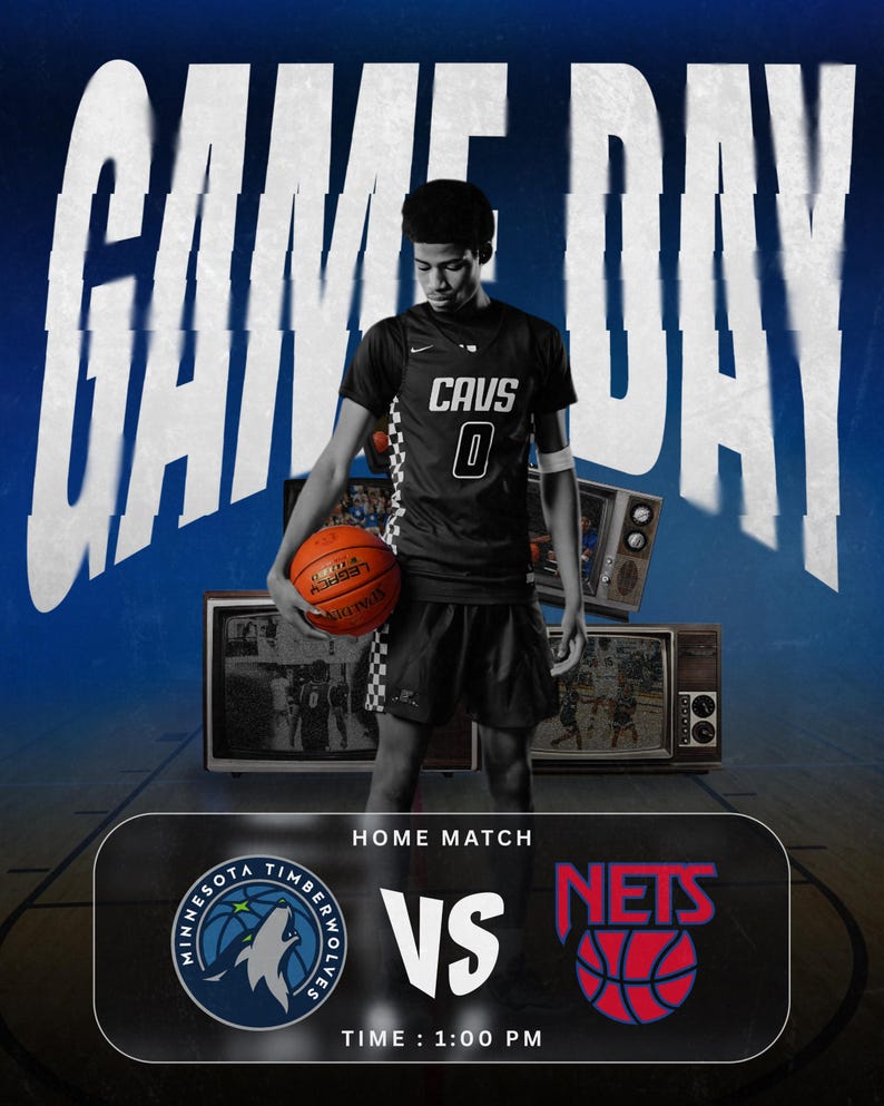 May include: A basketball game day promotional image. A person in a black jersey with the word "CAVS" and the number "0" holds a basketball. The image includes the text "GAME DAY" and logos for the Minnesota Timberwolves and the Nets.