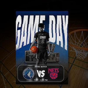 May include: A basketball game day promotional graphic featuring a player in a black jersey holding a basketball. The graphic includes the text "GAME DAY" and logos for the Minnesota Timberwolves and the Nets, with the time 1:00 PM.